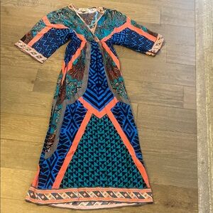 Anthropologie Teal Navy Coral Mixed-Print Maxi Dress
